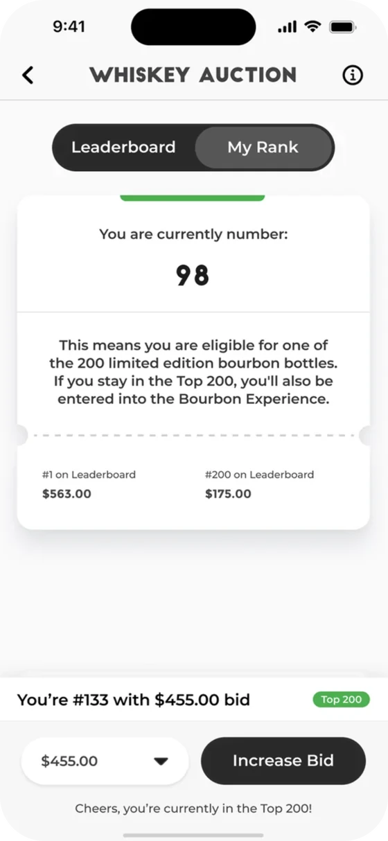 Whiskey auction bidding screen with live rank