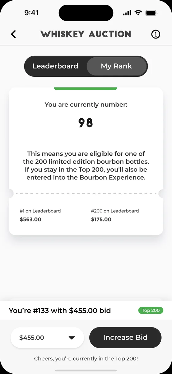 Whiskey auction bidding screen with live rank