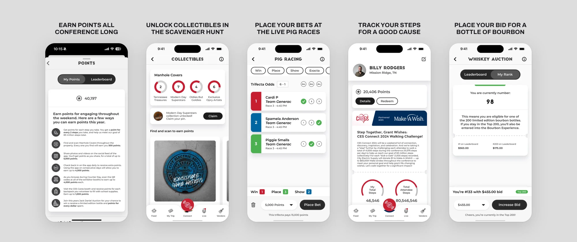 Connect 2024 app screens showing points, collectibles, pig racing, step tracking and the whiskey auction