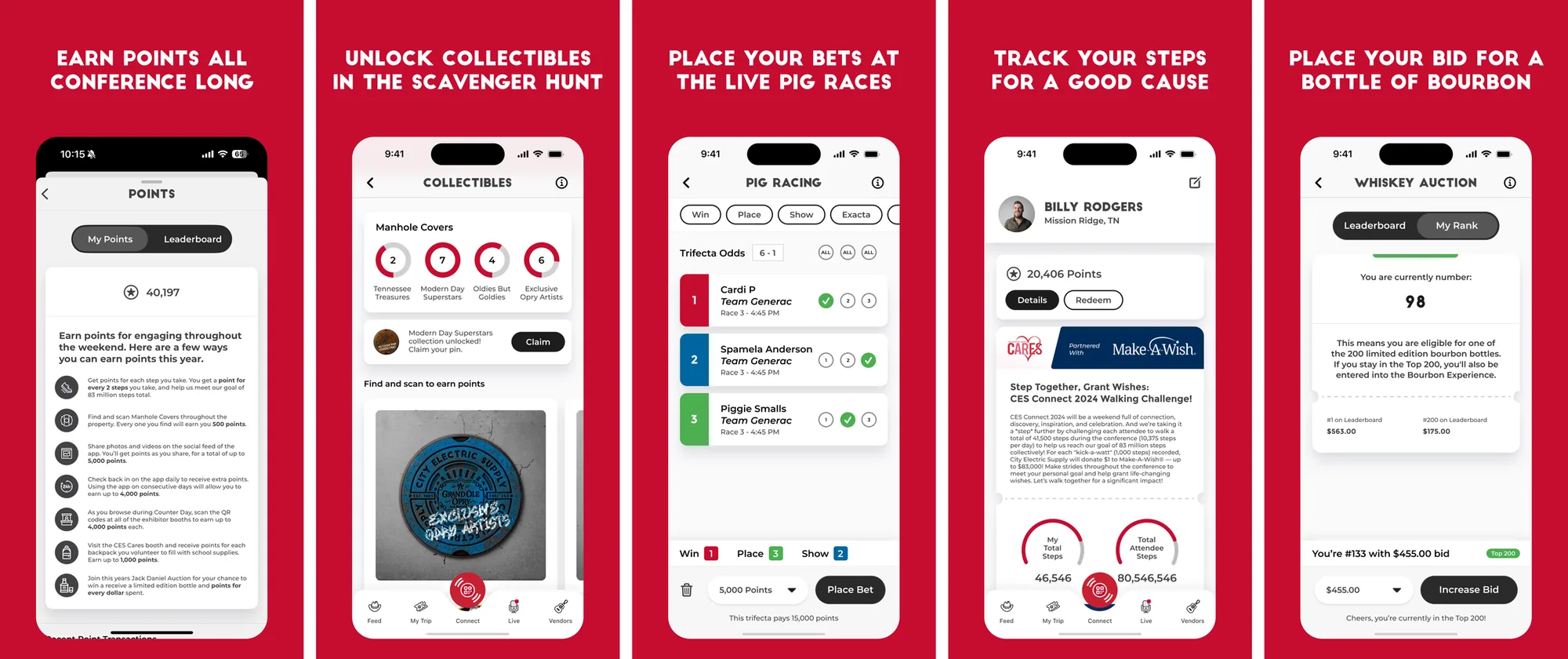 Connect 2024 app screens showing points, collectibles, pig racing, step tracking and the whiskey auction
