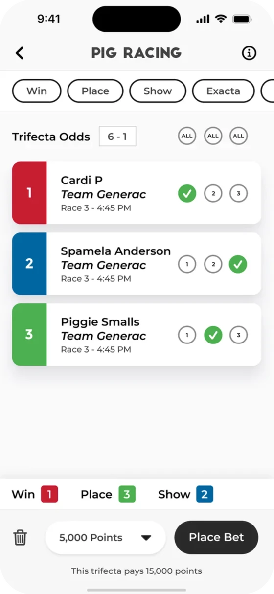 Pig racing betting screen with trifecta odds