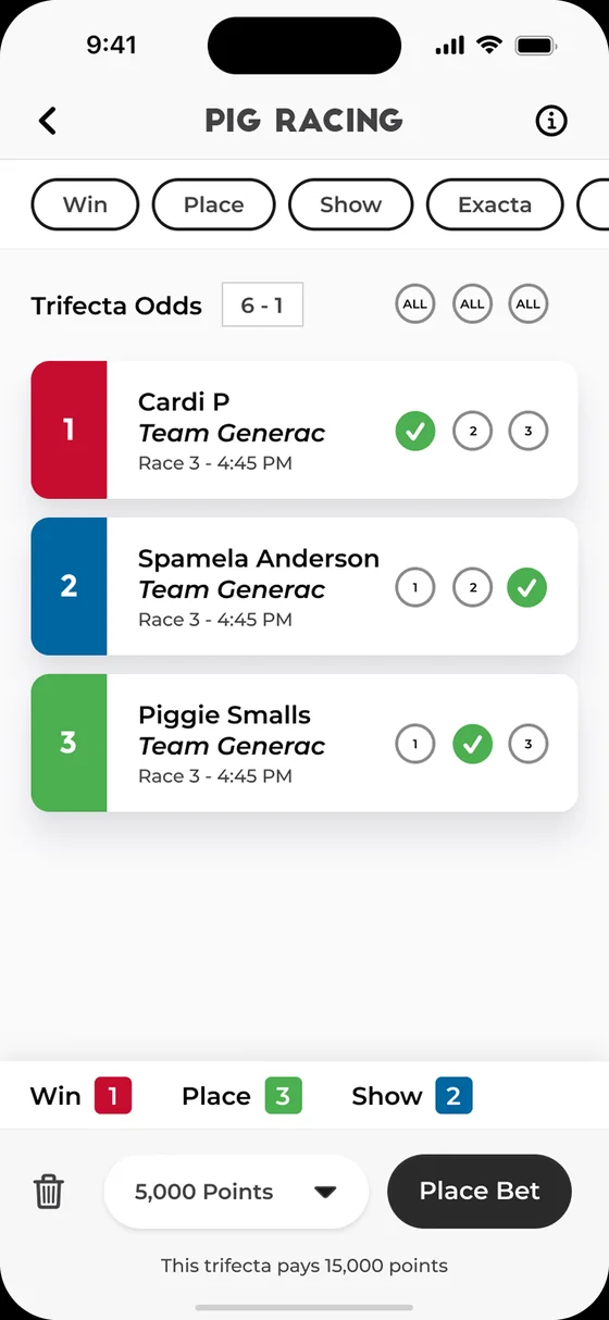 Pig racing betting screen with trifecta odds