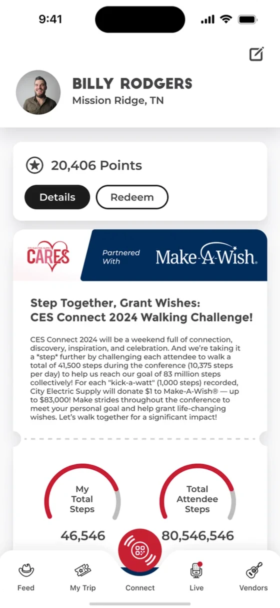 Walking challenge screen showing individual and conference-wide step totals