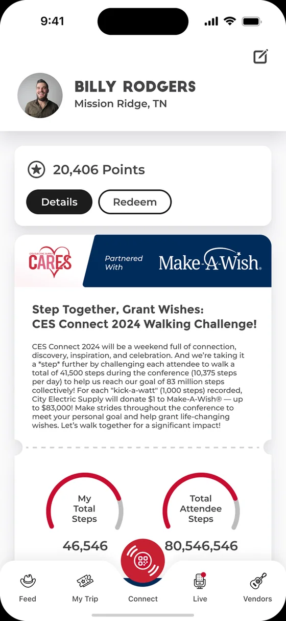 Walking challenge screen showing individual and conference-wide step totals