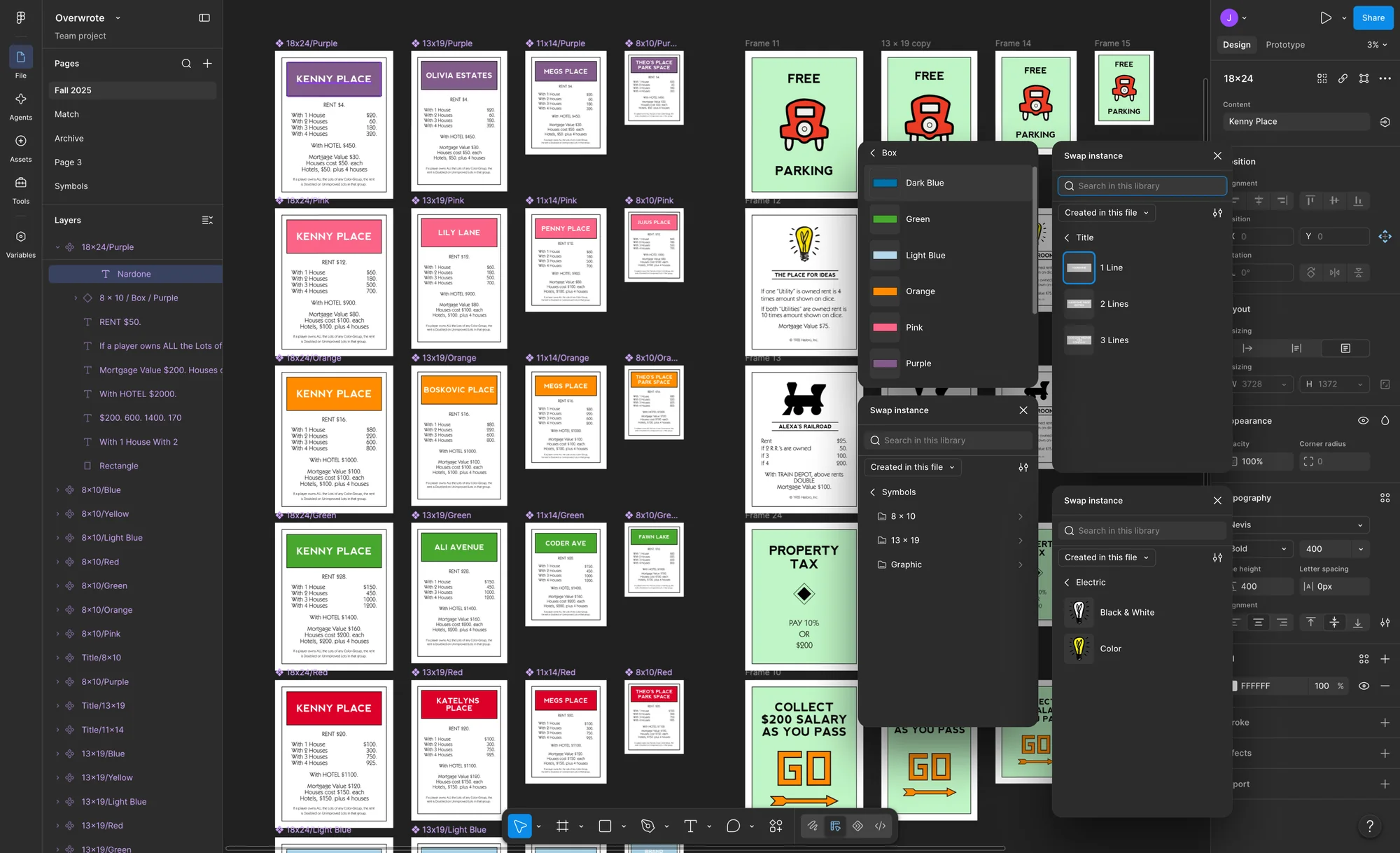 Figma file showing the personalized property print built as component variants across four sizes and eight colors, with swap-instance panels open