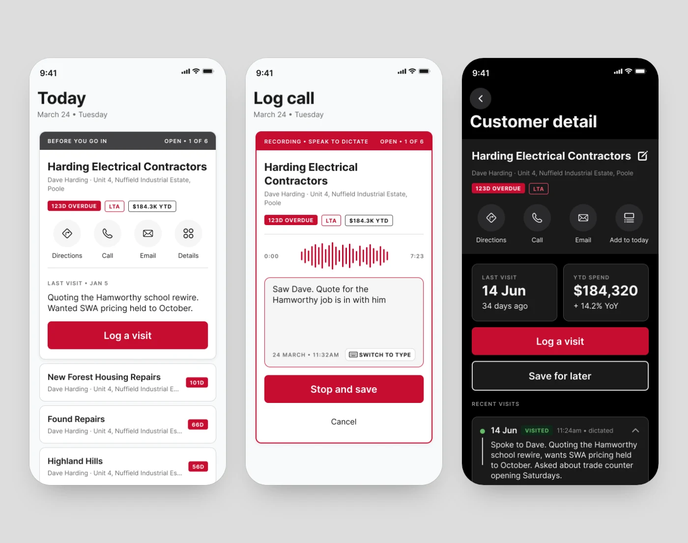 Three Diary Manager screens built from the design system: Today, live dictation, and customer detail in dark mode