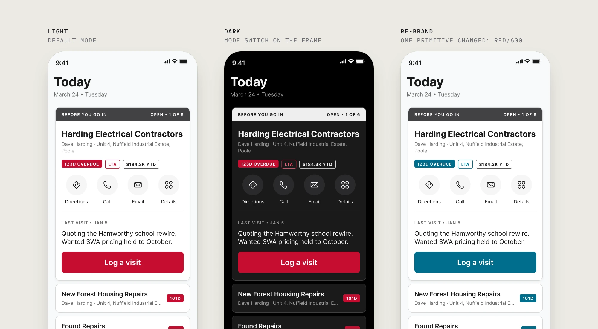 The Today screen in light mode, dark mode, and with the brand color changed to teal