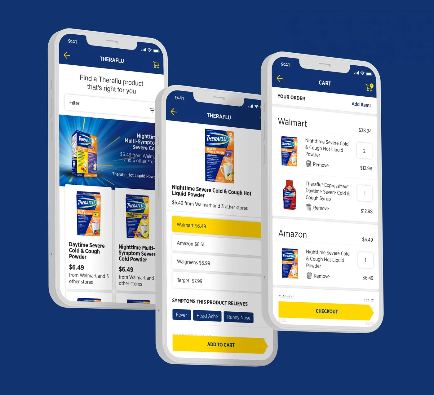Theraflu app product and multi-vendor checkout screens