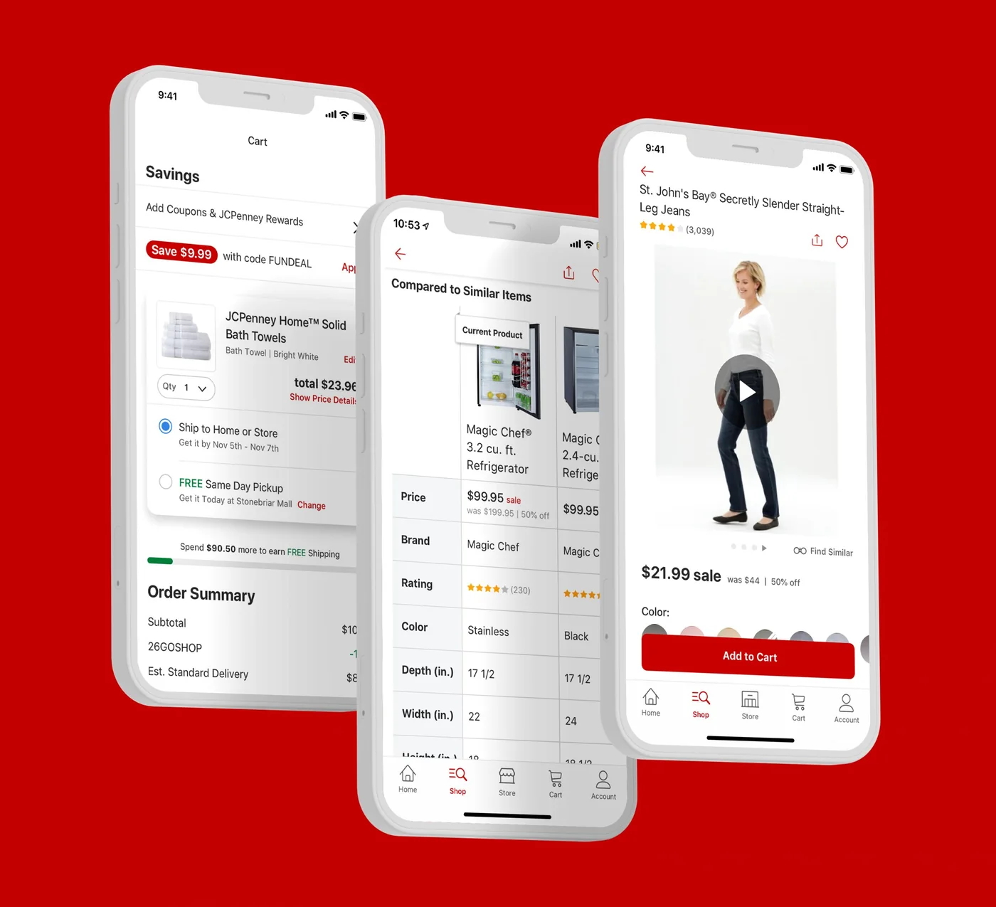 JCPenney native app shopping and comparison screens