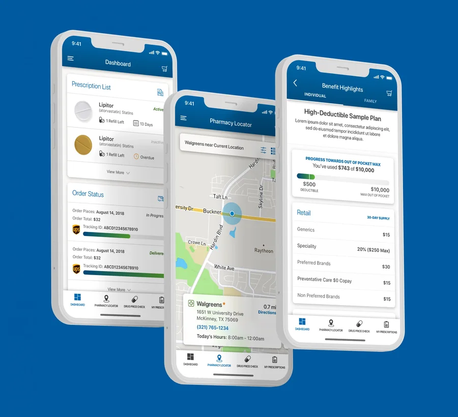 MedImpact app pharmacy locator and prescription screens