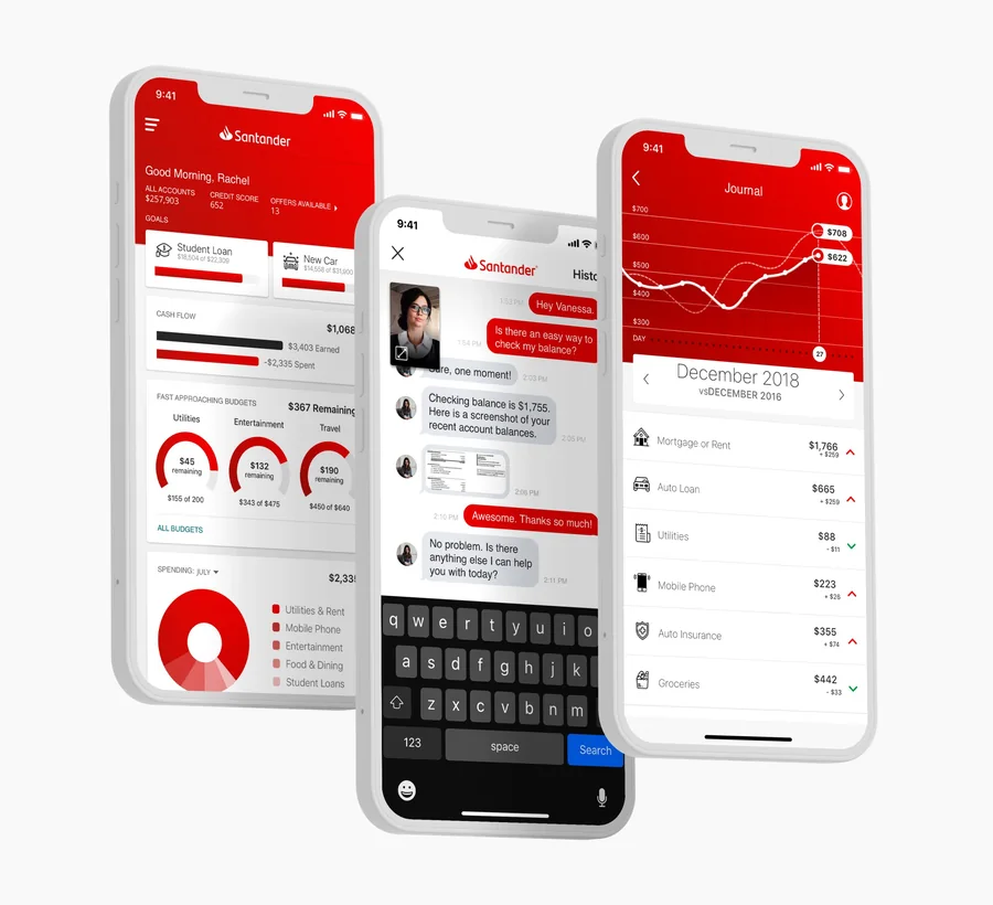 Santander app dashboard, chat and goal tracking screens