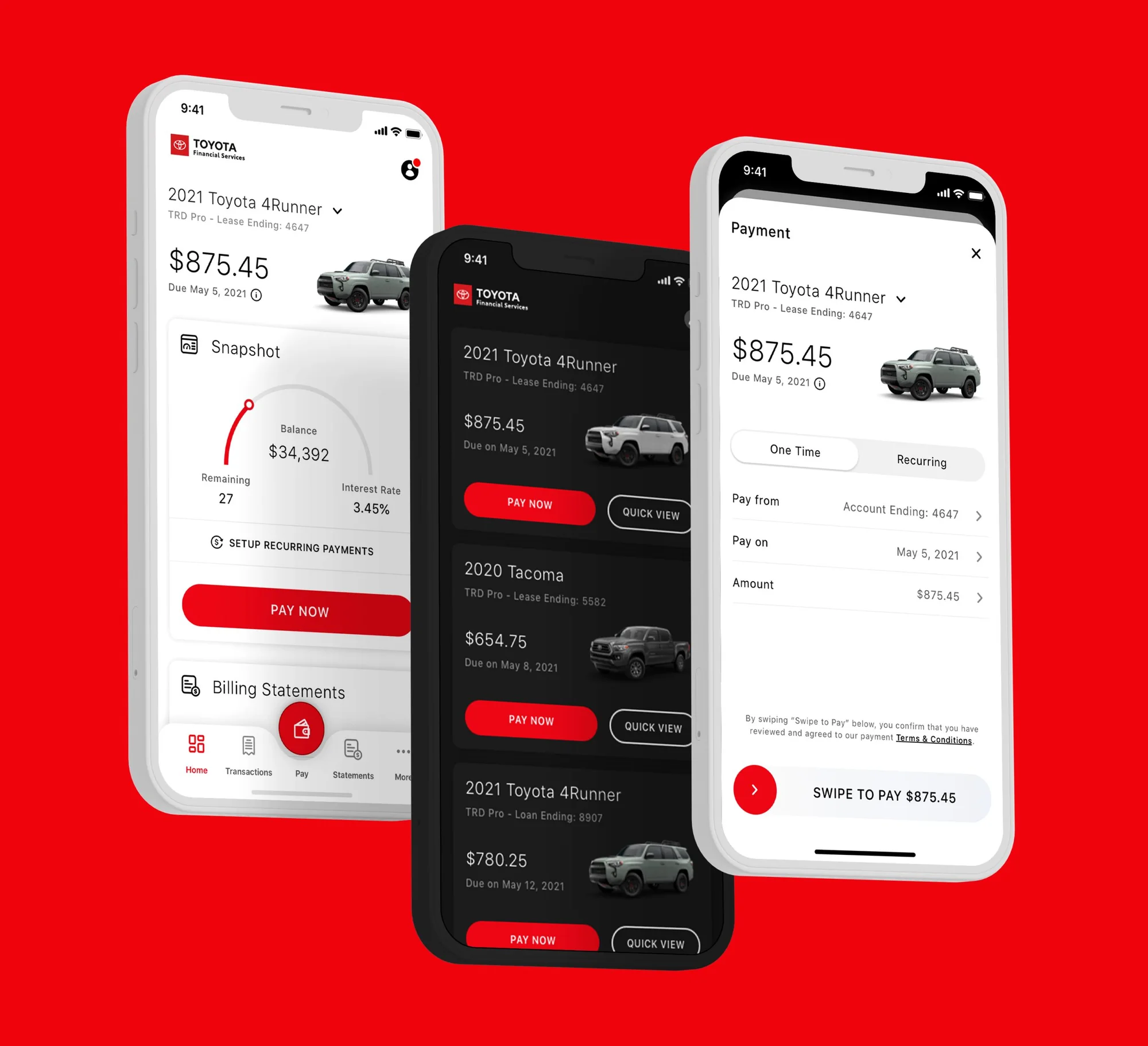 Toyota app payment and vehicle management screens