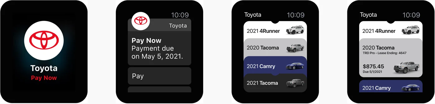 Apple Watch screens: Toyota app launch, payment due notification, and vehicle list