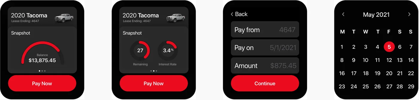 Apple Watch screens: balance snapshot, remaining payments, payment details and date picker