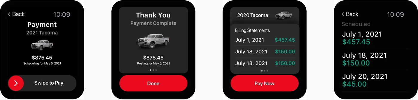 Apple Watch screens: swipe to pay, payment confirmation, billing statements and scheduled payments