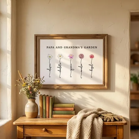 Personalized birth flower family print in a wooden frame