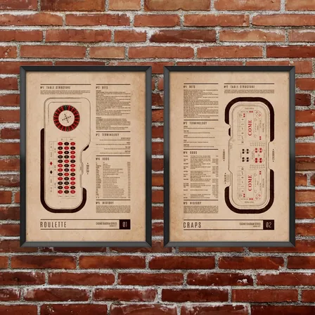 Roulette and craps casino diagram print pair