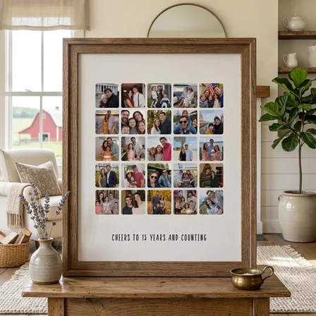 Anniversary photo collage print in a wooden frame