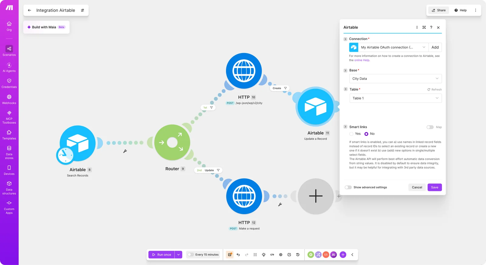 Make.com scenario routing Airtable records into the WordPress REST API