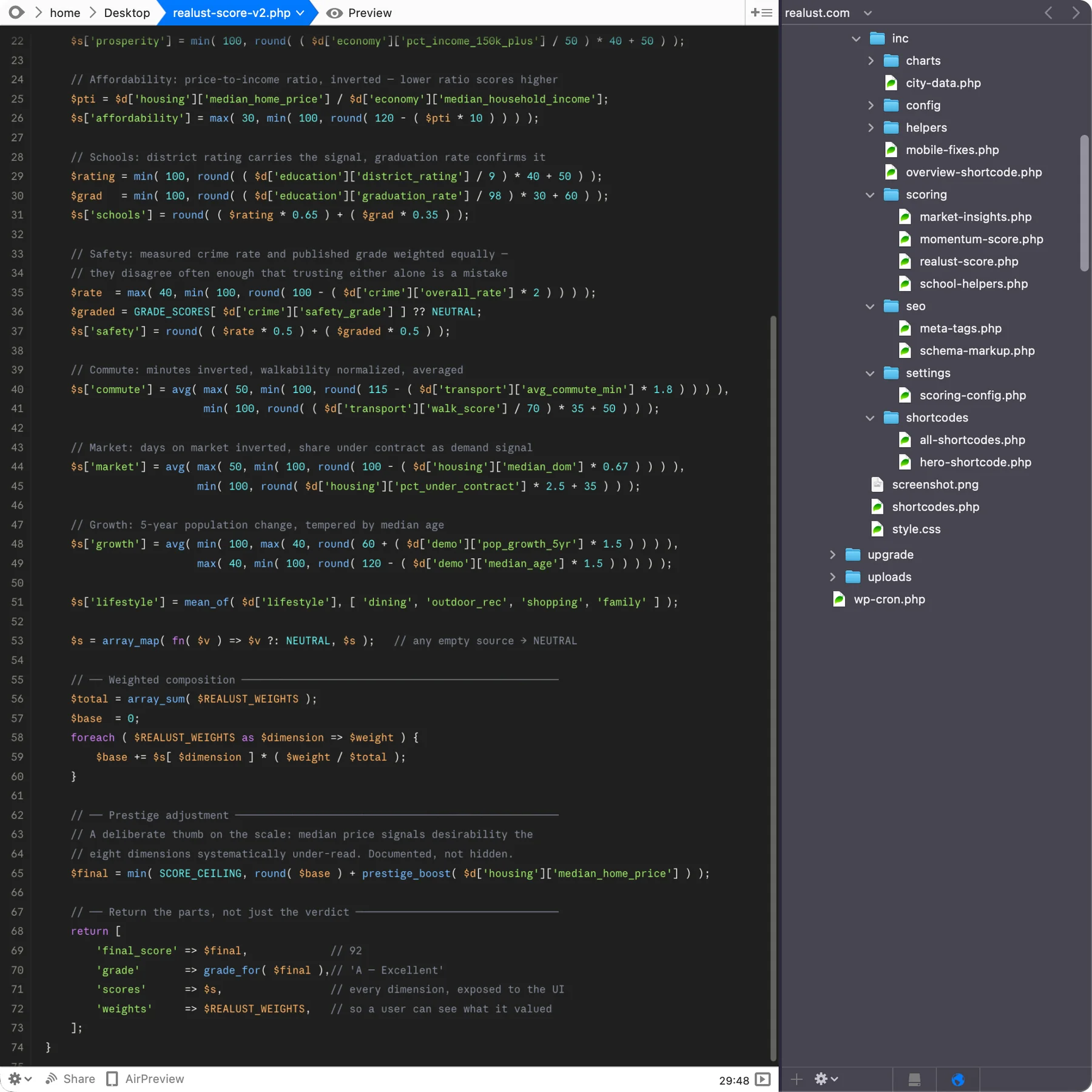 The Realust scoring model in PHP, showing normalization, weighted composition and the prestige adjustment