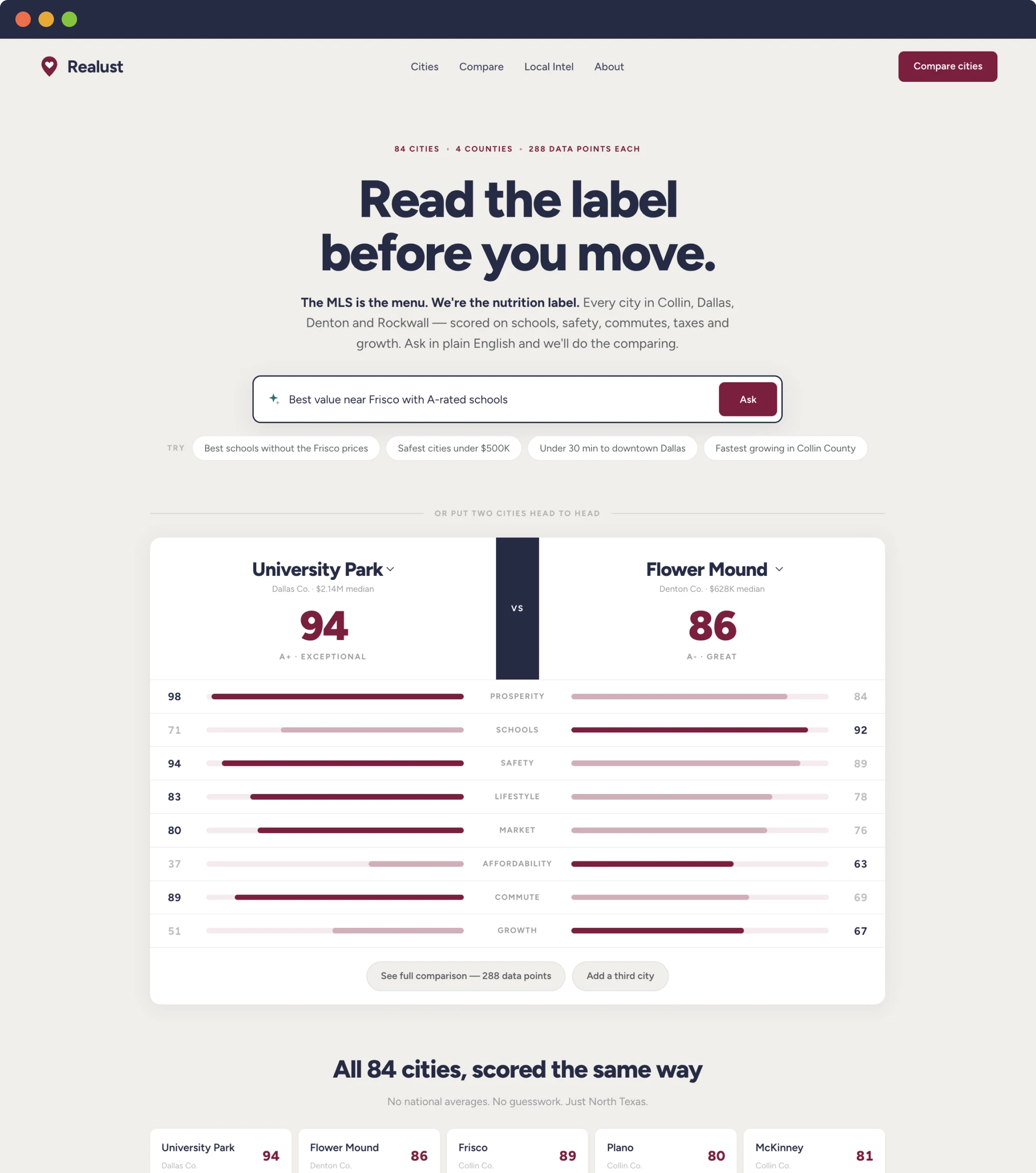 Realust homepage with natural-language search and a head-to-head city comparison