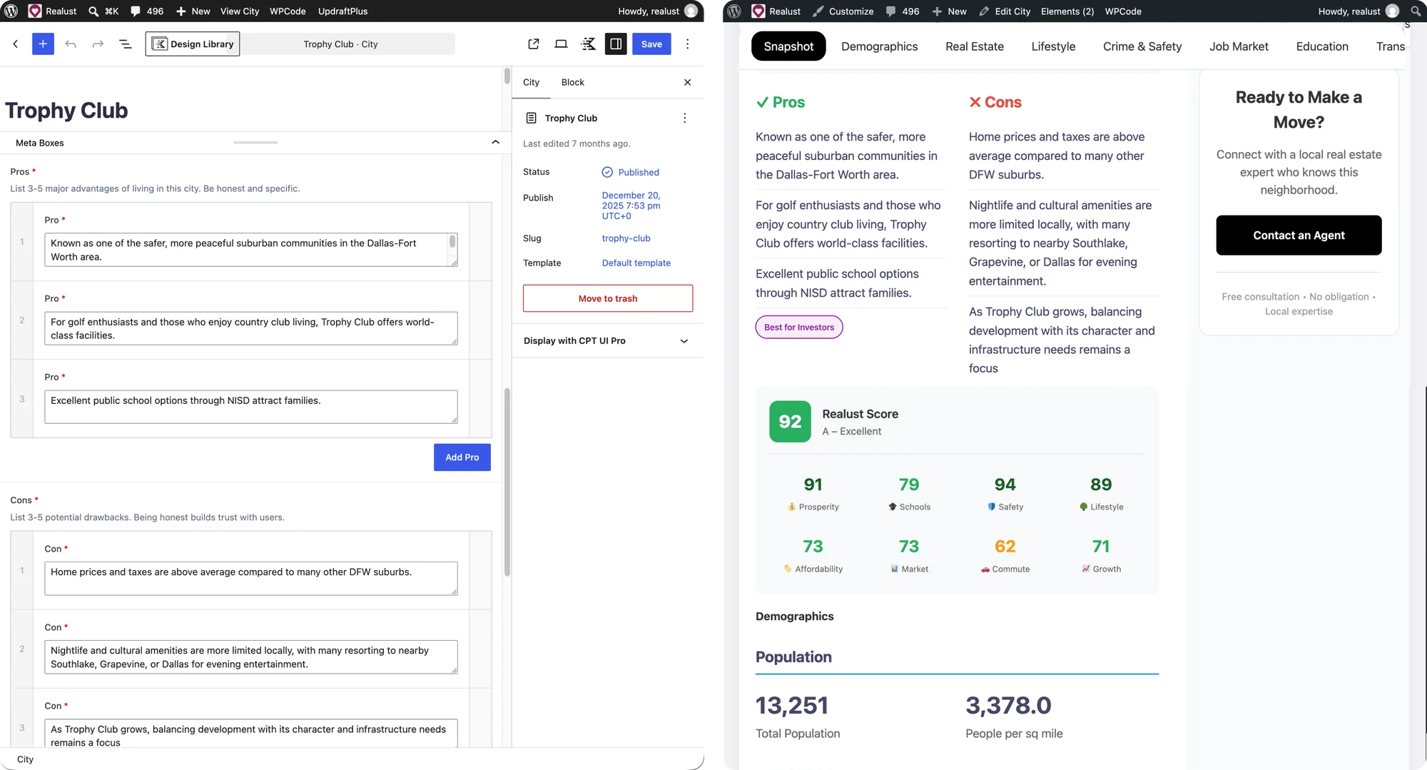 WordPress editor showing structured Pros and Cons fields beside the published city page