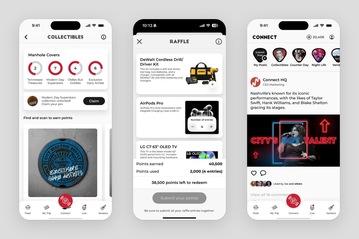 Connect 2024 app: vendor floor map, raffle entry screen, and the points economy listing seven ways to earn