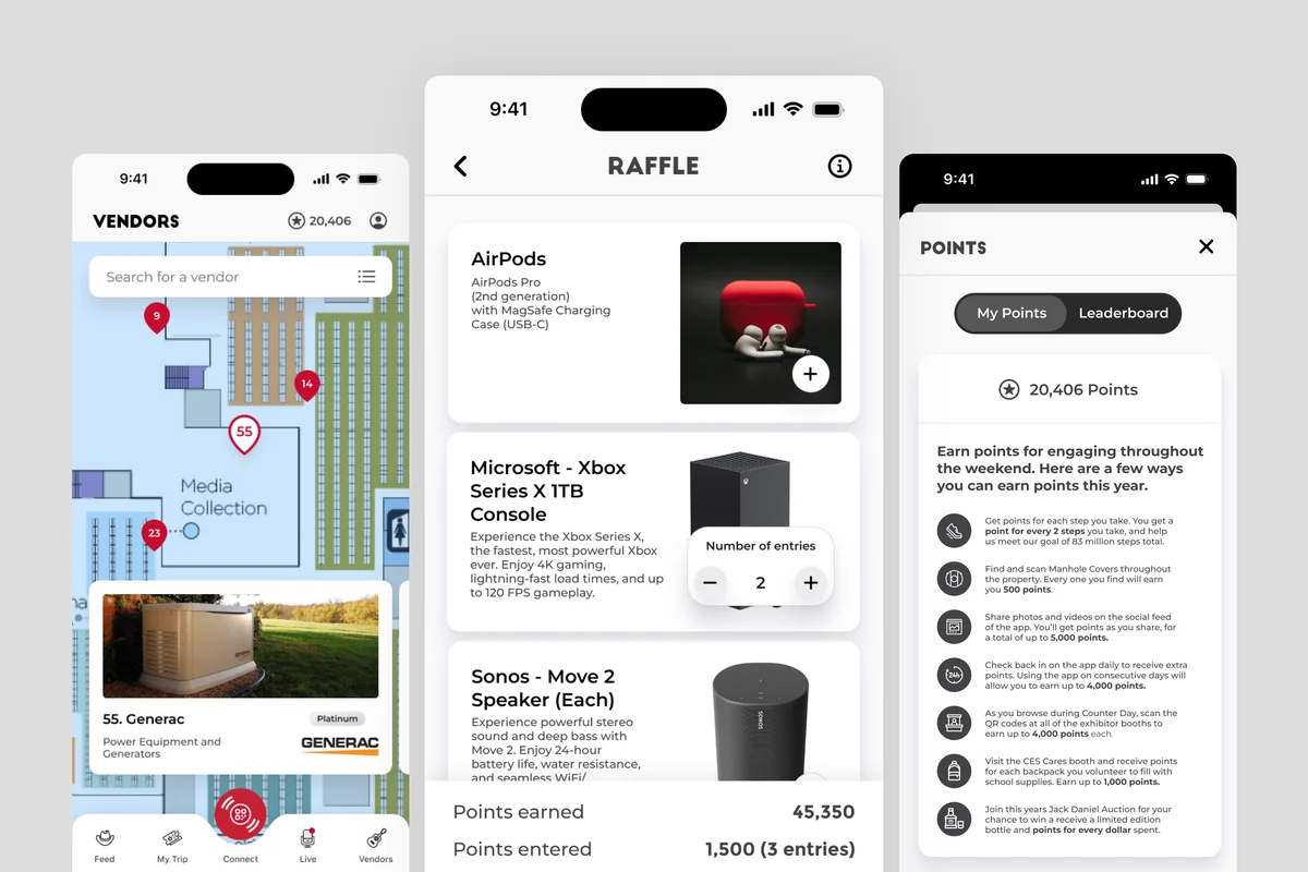 Connect 2024 app: vendor floor map, raffle entry screen, and the points economy listing seven ways to earn