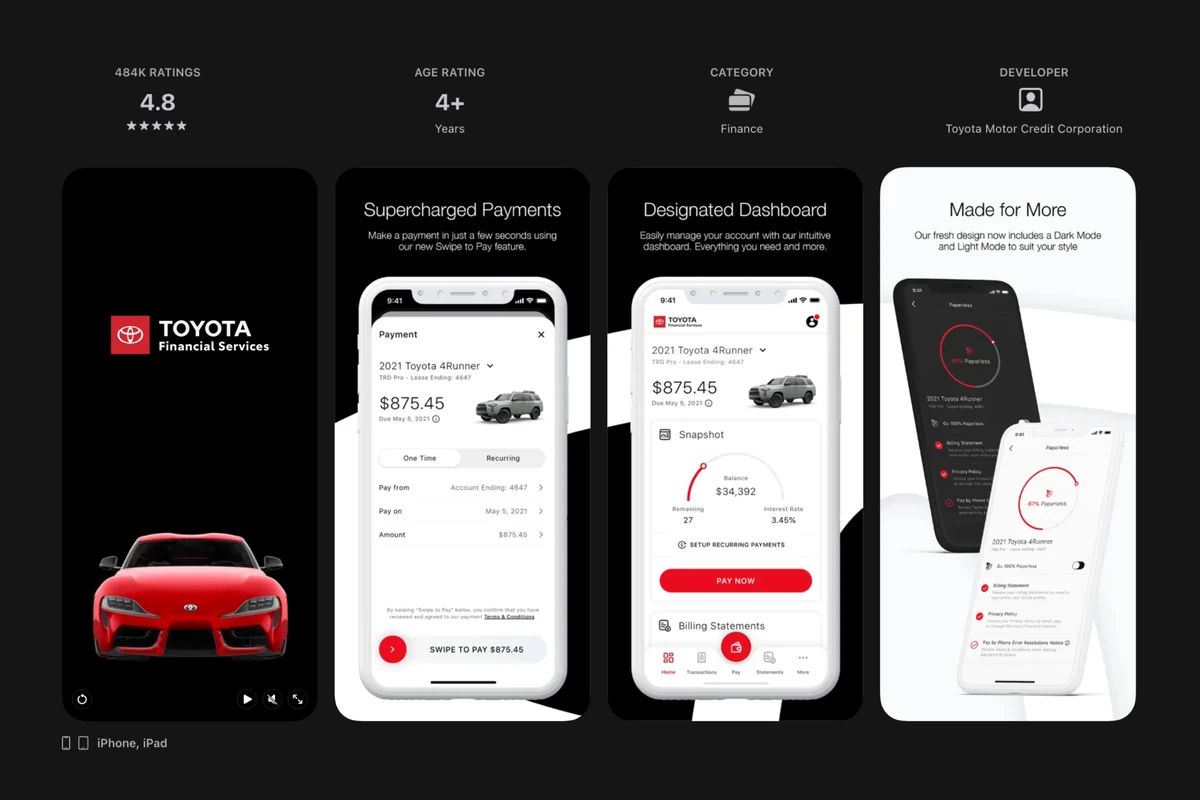 Toyota Financial Services on the App Store: 4.8 stars across 484,000 ratings, with four app screens